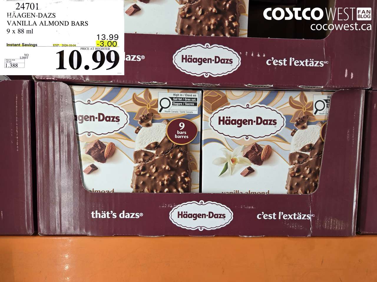 24701 HÄAGEN-DAZS VANILLA ALMOND BARS 9 X 88 ML ($3.00 INSTANT SAVINGS EXPIRES ON 2026-10-04) $10.99