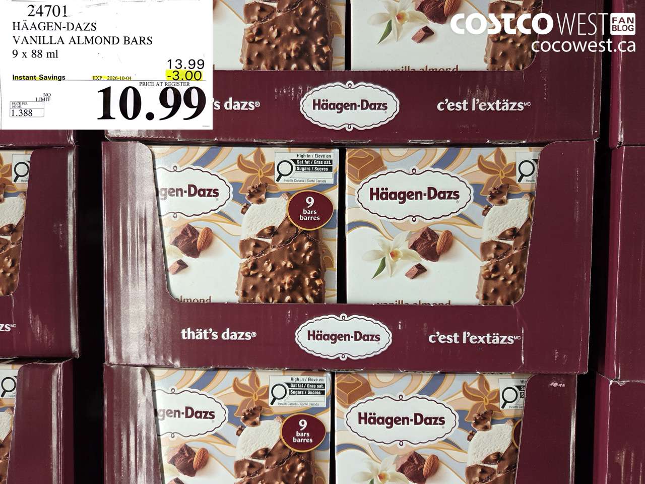 24701 HÄAGEN-DAZS VANILLA ALMOND BARS 9 X 88 ML ($3.00 INSTANT SAVINGS EXPIRES ON 2026-10-04) $10.99