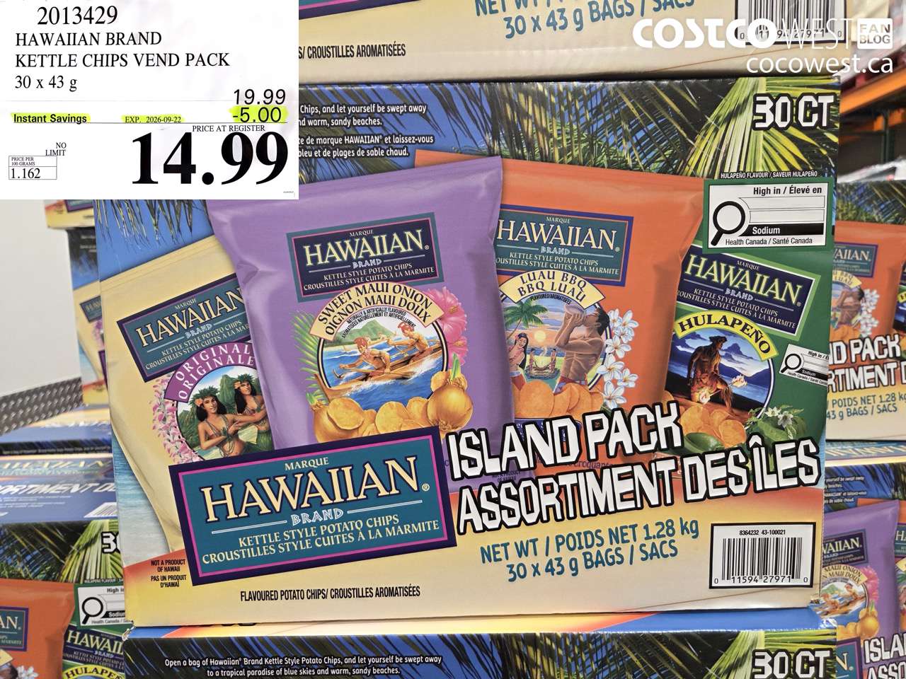 2013429 HAWAIIAN BRAND KETTLE CHIPS VEND PACK 30 X 43 G ($5.00 INSTANT SAVINGS EXPIRES ON 2026-09-22) $14.99