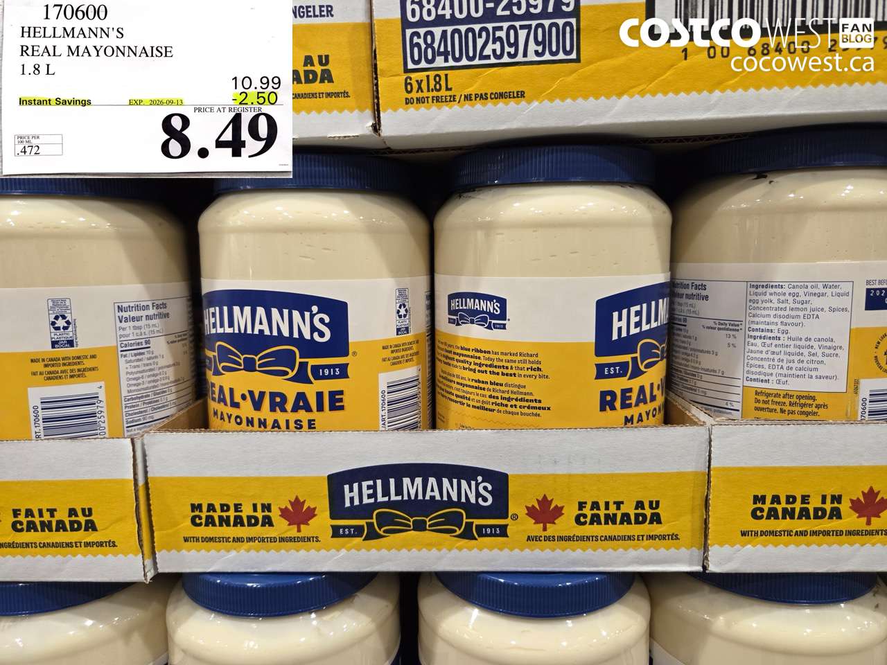 170600 HELLMANN'S REAL MAYONNAISE 1.8 L ($2.50 INSTANT SAVINGS EXPIRES ON 2026-09-13) $8.49