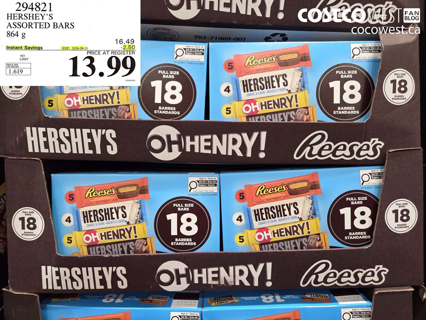 294821 HERSHEY'S ASSORTED BARS 864 G ($2.50 INSTANT SAVINGS EXPIRES ON 2026-09-13) $13.99