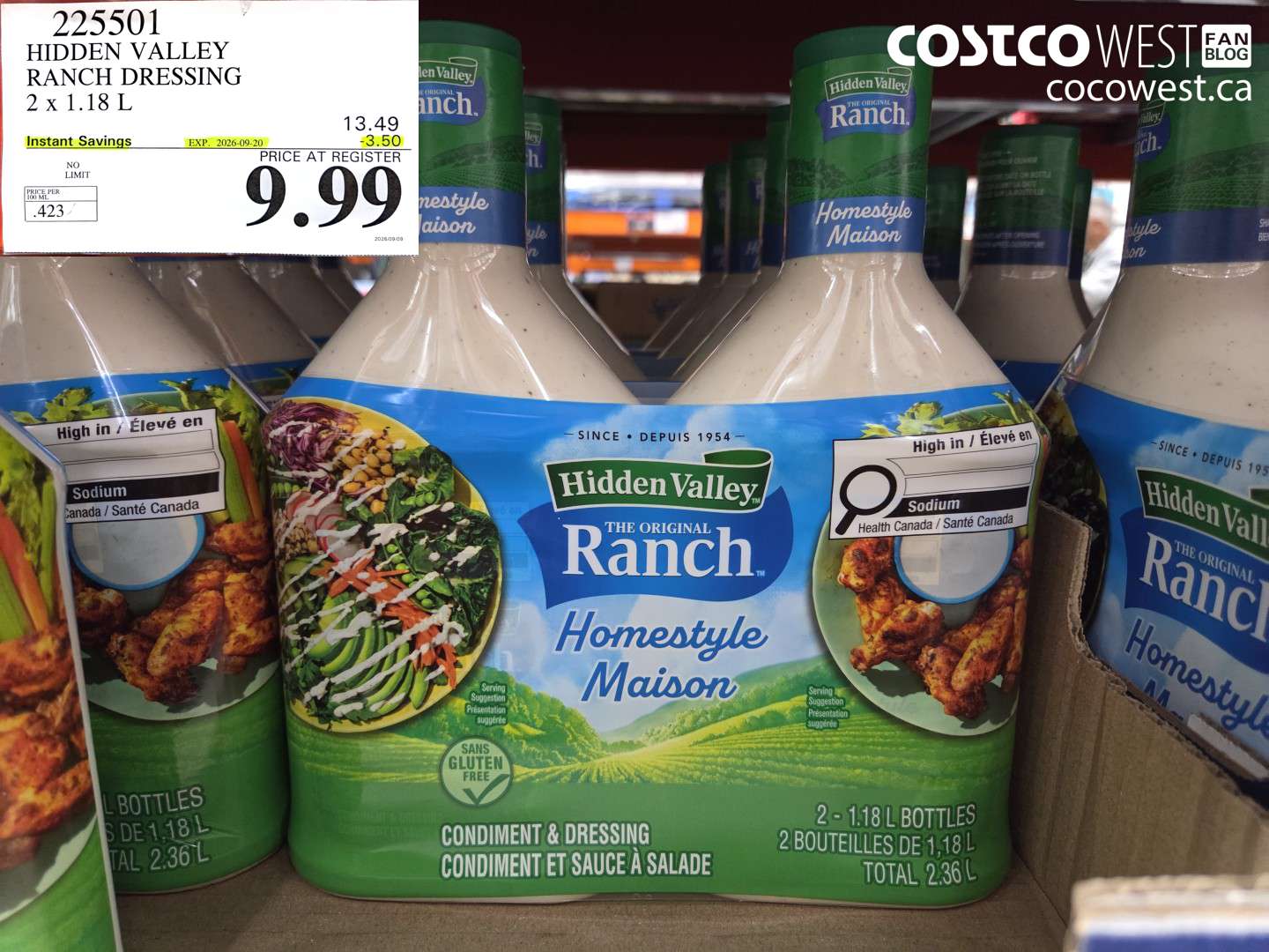 225501 HIDDEN VALLEY RANCH DRESSING 2 X 1.18 L ($3.50 INSTANT SAVINGS EXPIRES ON 2026-09-20) $9.99