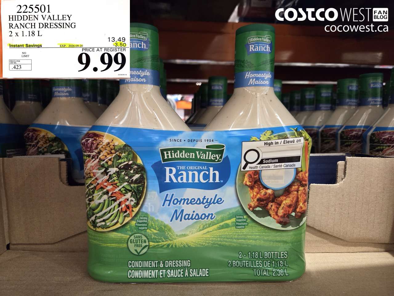 225501 HIDDEN VALLEY RANCH DRESSING 2 X 1.18 L ($3.50 INSTANT SAVINGS EXPIRES ON 2026-09-20) $9.99