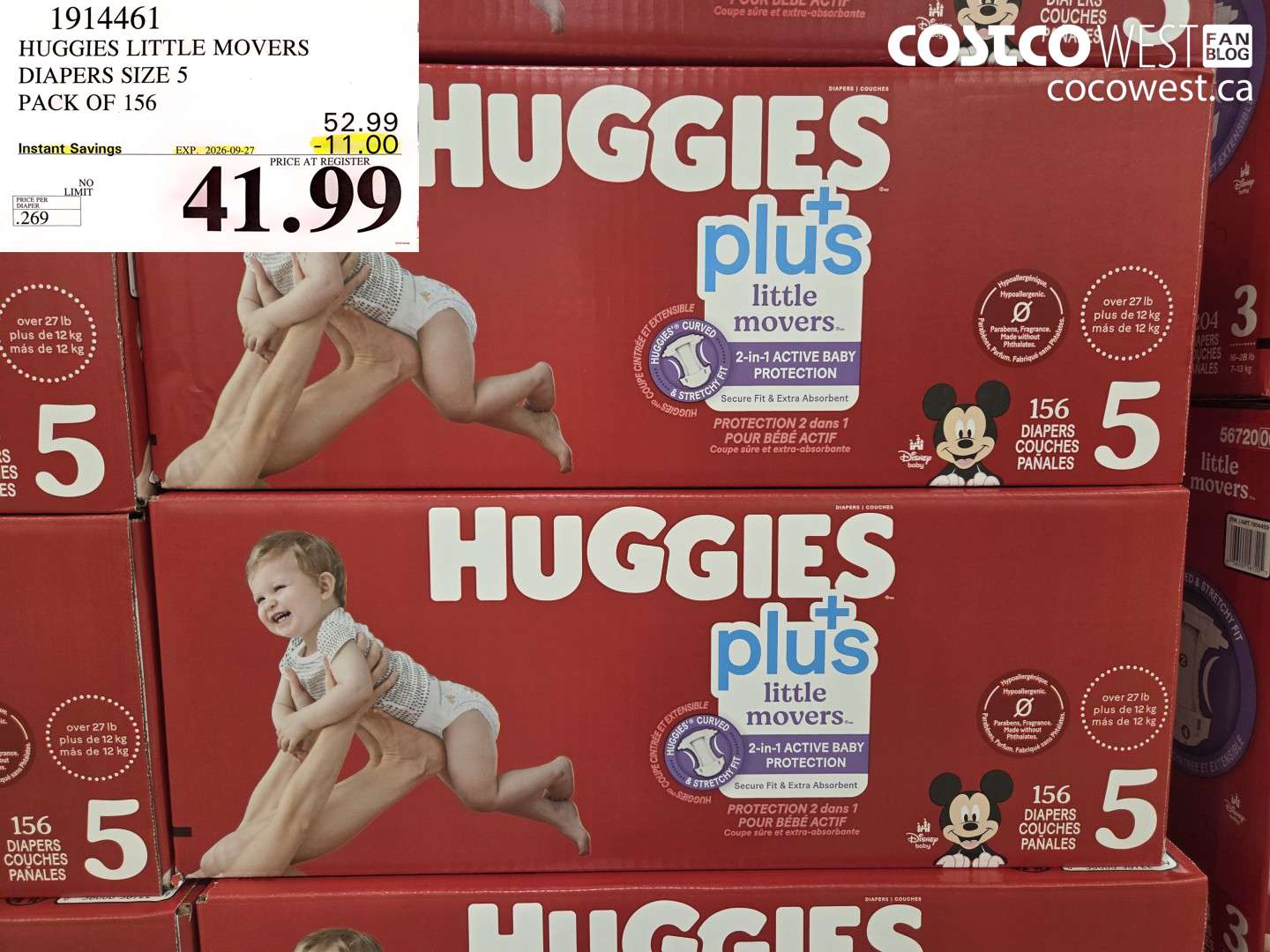 1914461 HUGGIES LITTLE MOVERS DIAPERS SIZE 5 PACK OF 156 ($11.00 INSTANT SAVINGS EXPIRES ON 2026-09-27) $41.99