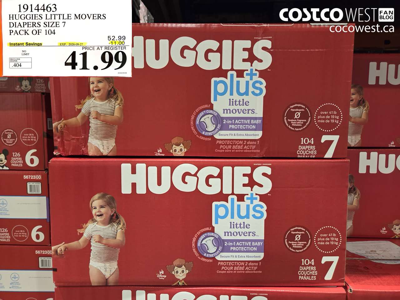 1914463 HUGGIES LITTLE MOVERS DIAPERS SIZE 7 PACK OF 104 ($11.00 INSTANT SAVINGS EXPIRES ON 2026-09-27) $41.99