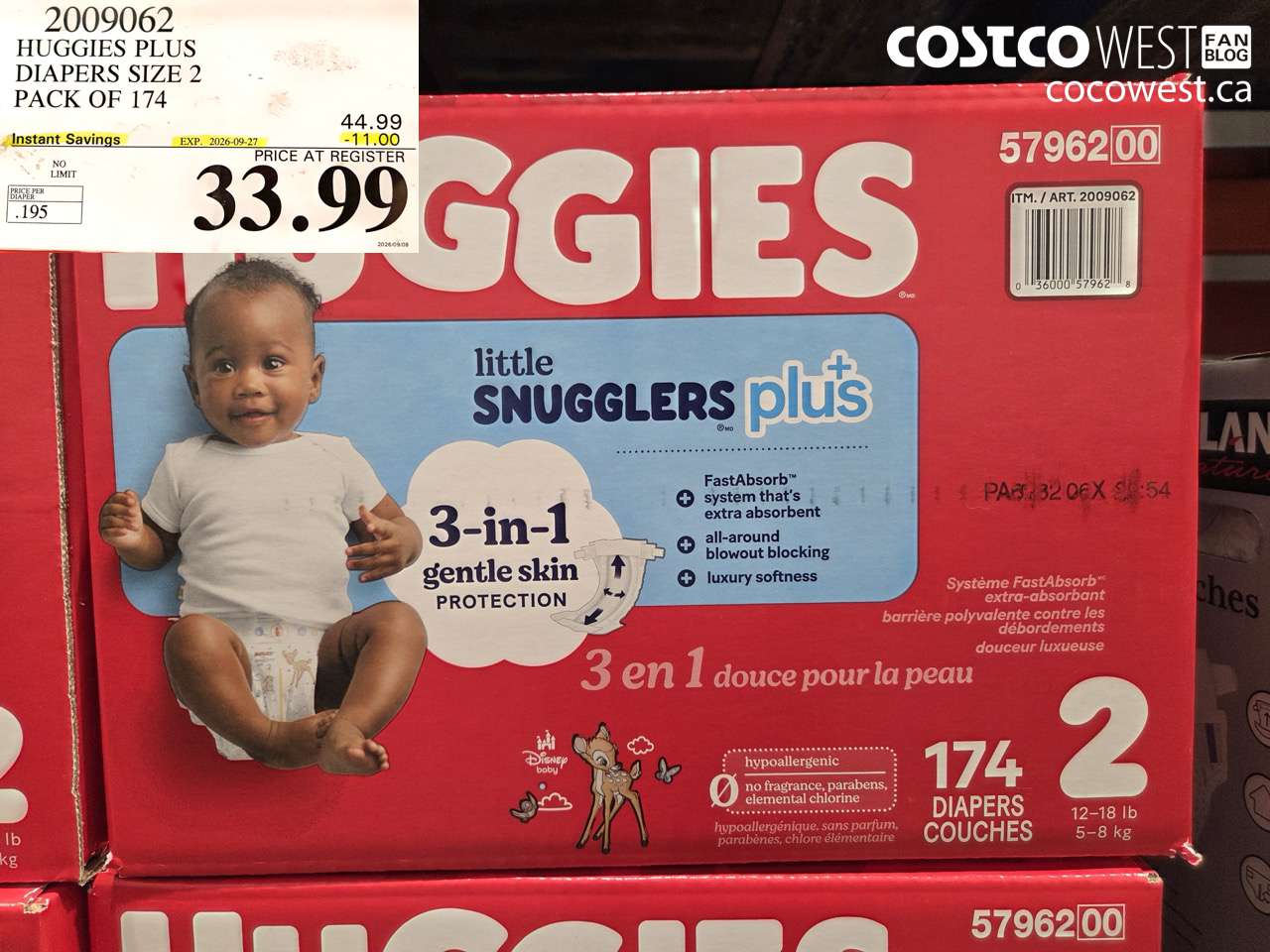 2009062 HUGGIES PLUS DIAPERS SIZE 2 PACK OF 174 ($11.00 INSTANT SAVINGS EXPIRES ON 2026-09-27) $33.99