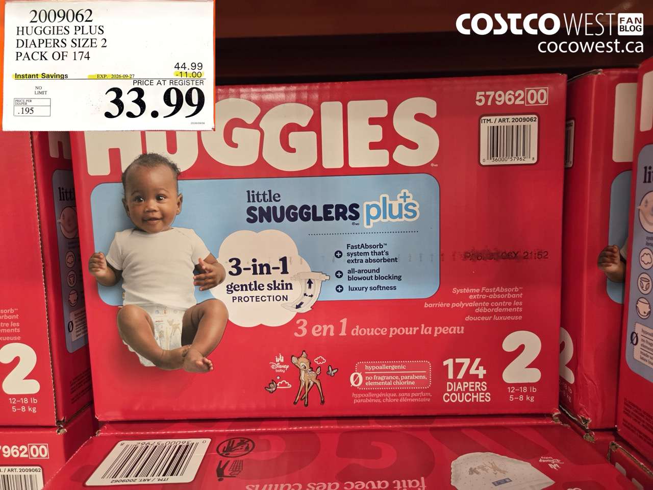 2009062 HUGGIES PLUS DIAPERS SIZE 2 PACK OF 174 ($11.00 INSTANT SAVINGS EXPIRES ON 2026-09-27) $33.99