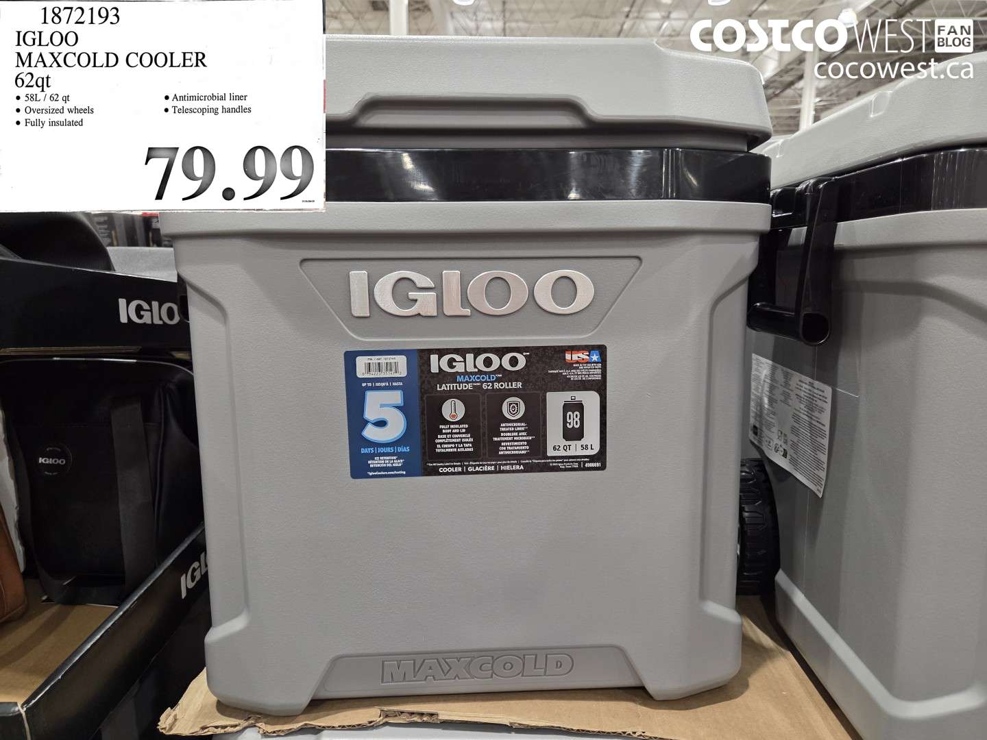 1872193 IGLOO MAXCOLD COOLER 62QT $79.99