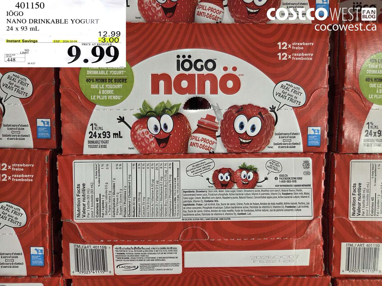 401150 IÖGO NANO DRINKABLE YOGURT 24 X 93 ML ($3.00 INSTANT SAVINGS EXPIRES ON 2026-10-04) $9.99