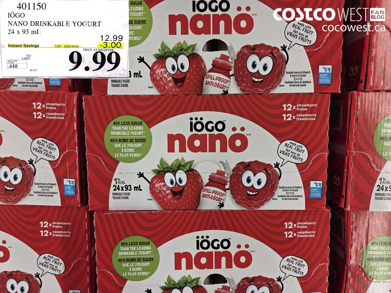 401150 IÖGO NANO DRINKABLE YOGURT 24 X 93 ML ($3.00 INSTANT SAVINGS EXPIRES ON 2026-10-04) $9.99