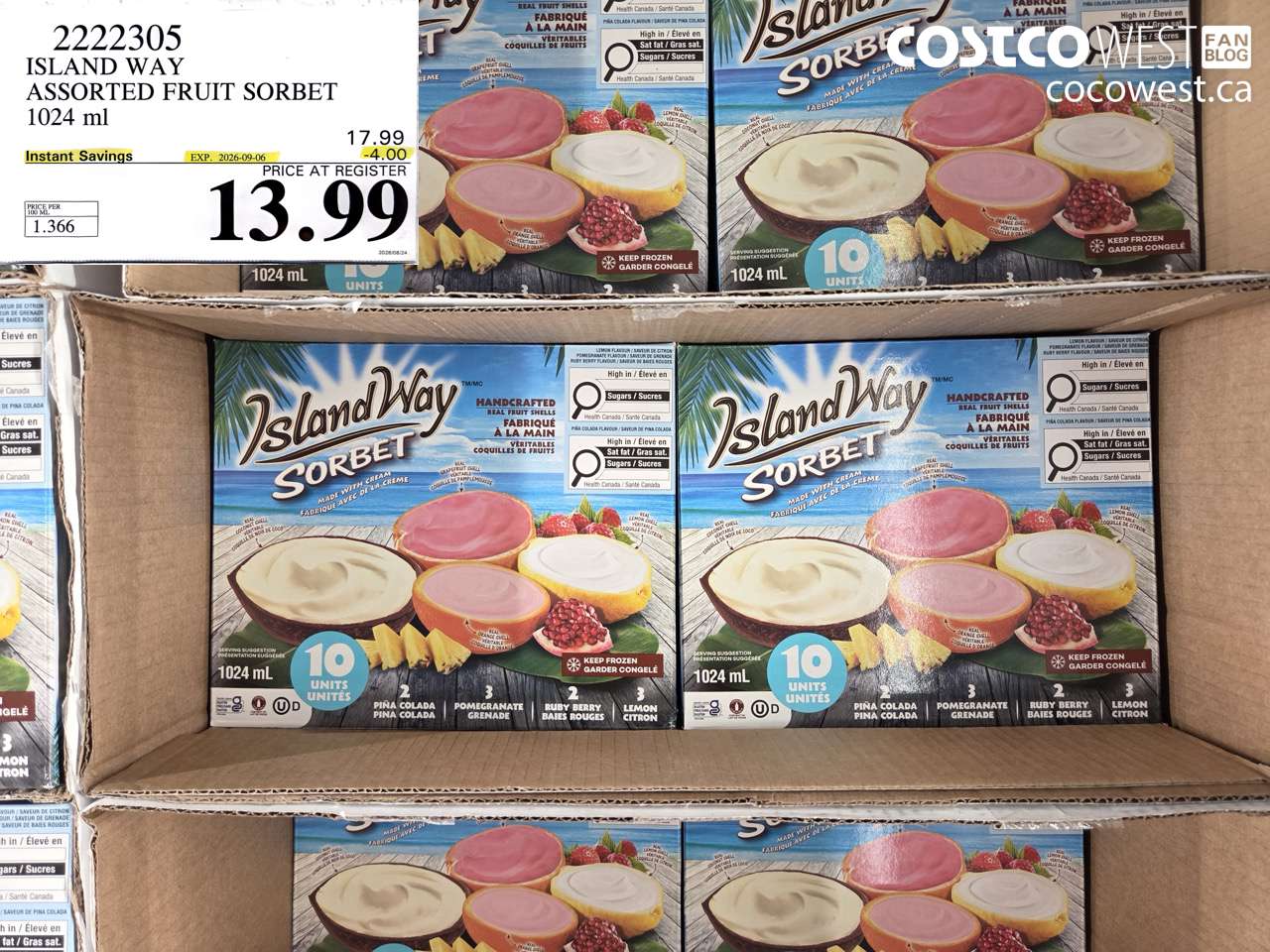 2222305 ISLAND WAY ASSORTED FRUIT SORBET 1024 ML ($4.00 INSTANT SAVINGS EXPIRES ON 2026-09-06) $13.99