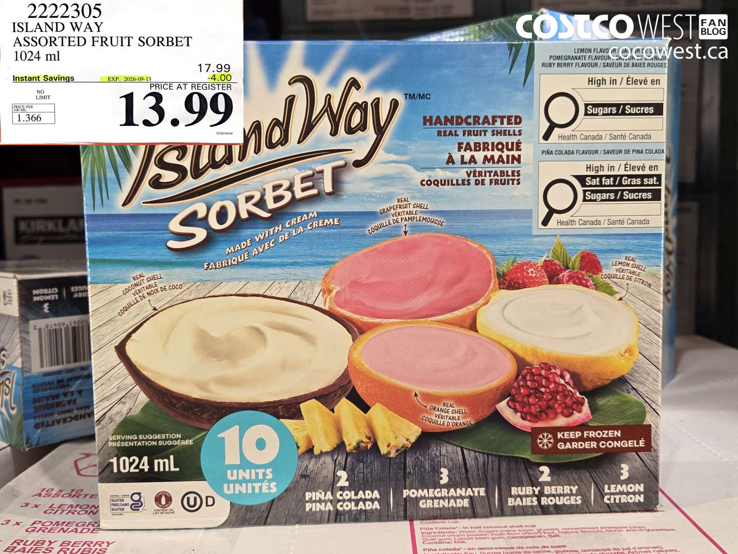 2222305 ISLAND WAY ASSORTED FRUIT SORBET 1024 ML ($4.00 INSTANT SAVINGS EXPIRES ON 2026-09-13) $13.99