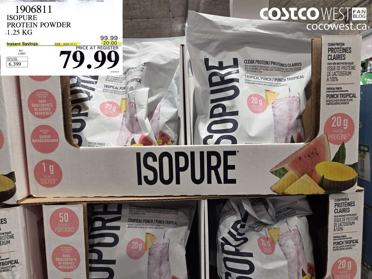 1906811 ISOPURE PROTEIN POWDER 1.25 KG ($20.00 INSTANT SAVINGS EXPIRES ON 2026-10-11) $79.99