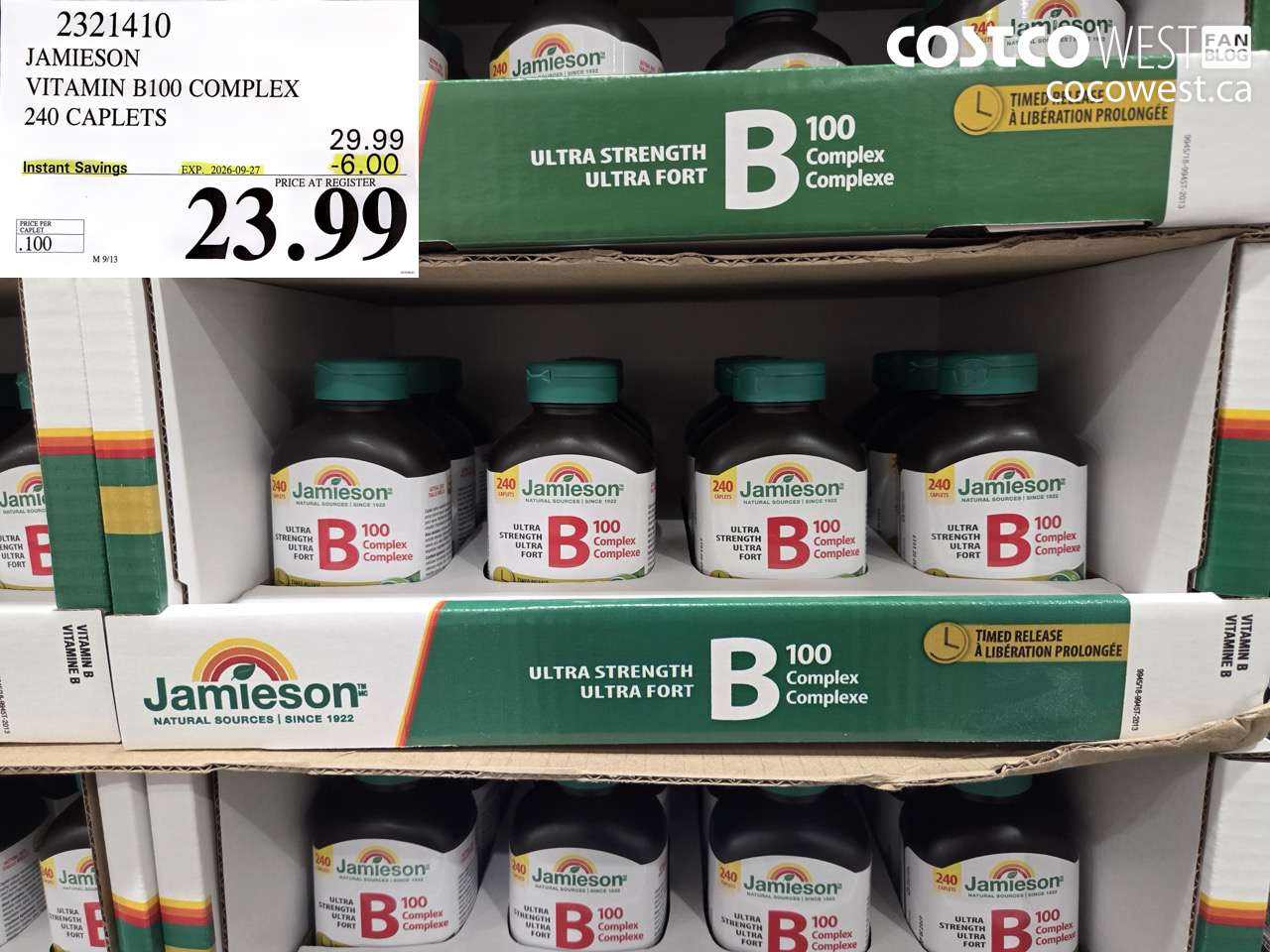 2321410 JAMIESON VITAMIN B100 COMPLEX 240 CAPLETS ($6.00 INSTANT SAVINGS EXPIRES ON 2026-09-27) $23.99