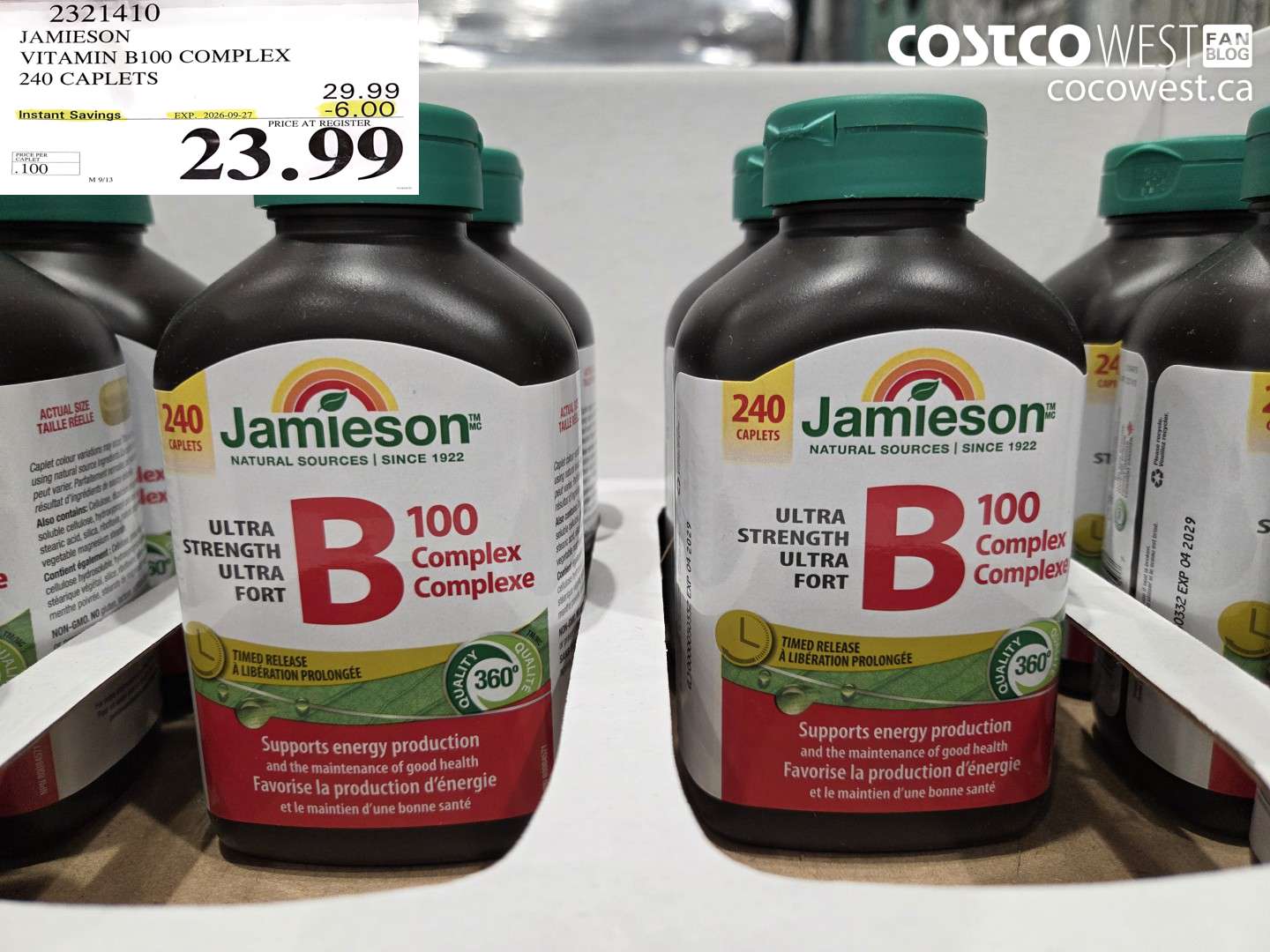 2321410 JAMIESON VITAMIN B100 COMPLEX 240 CAPLETS ($6.00 INSTANT SAVINGS EXPIRES ON 2026-09-27) $23.99