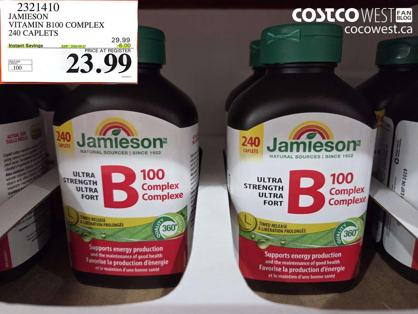2321410 JAMIESON VITAMIN B100 COMPLEX 240 CAPLETS ($6.00 INSTANT SAVINGS EXPIRES ON 2026-09-27) $23.99