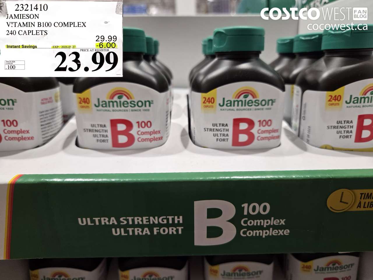 2321410 JAMIESON VITAMIN B100 COMPLEX 240 CAPLETS ($6.00 INSTANT SAVINGS EXPIRES ON 2026-09-27) $23.99