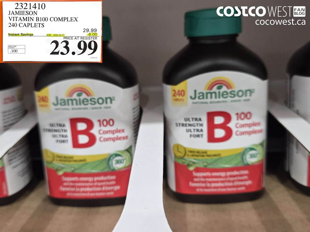 2321410 JAMIESON VITAMIN B100 COMPLEX 240 CAPLETS ($6.00 INSTANT SAVINGS EXPIRES ON 2026-09-27) $23.99