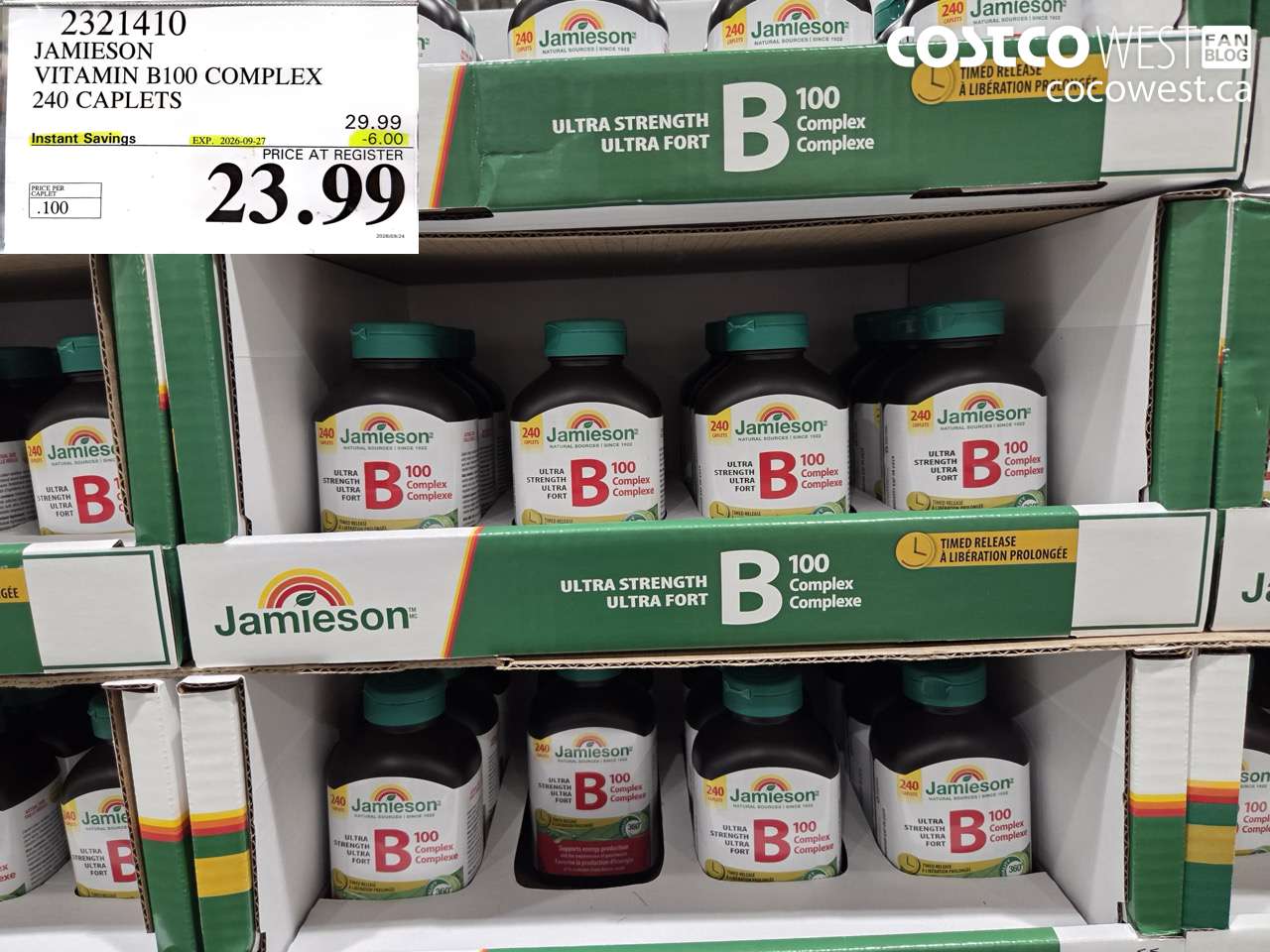 2321410 JAMIESON VITAMIN B100 COMPLEX 240 CAPLETS ($6.00 INSTANT SAVINGS EXPIRES ON 2026-09-27) $23.99