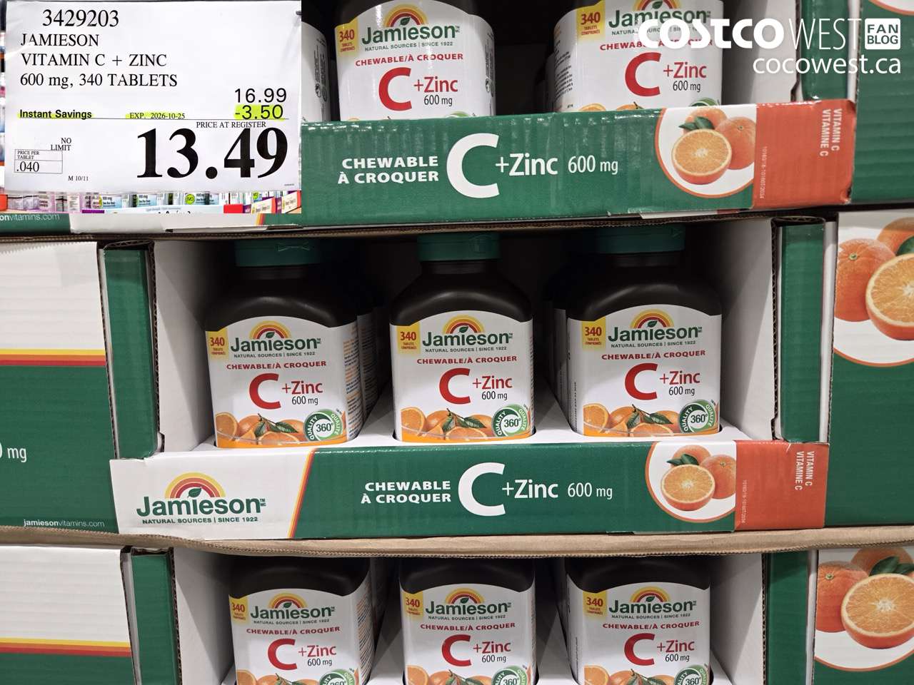3429203 JAMIESON VITAMIN C + ZINC 600 MG, 340 TABLETS ($3.50 INSTANT SAVINGS EXPIRES ON 2026-10-25) $13.49