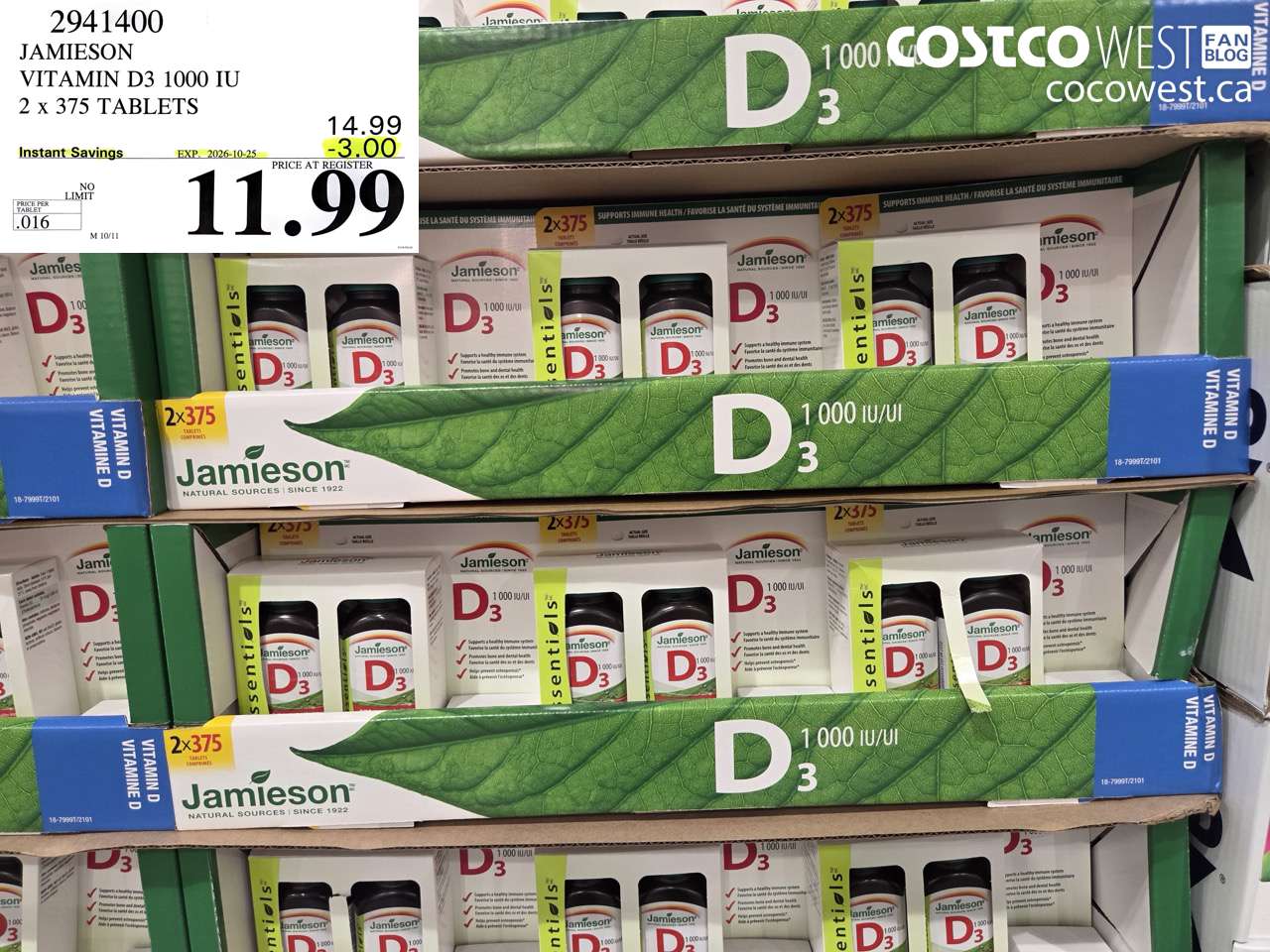 2941400 JAMIESON VITAMIN D3 1000 IU 2 X 375 TABLETS ($3.00 INSTANT SAVINGS EXPIRES ON 2026-10-25) $11.99