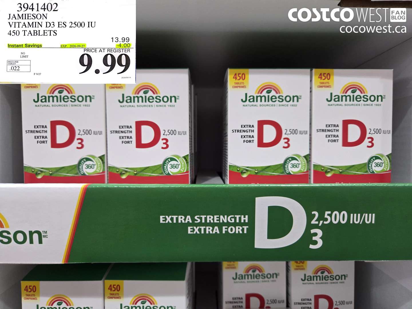 3941402 JAMIESON VITAMIN D3 ES 2500 IU 450 TABLETS ($4.00 INSTANT SAVINGS EXPIRES ON 2026-09-27) $9.99