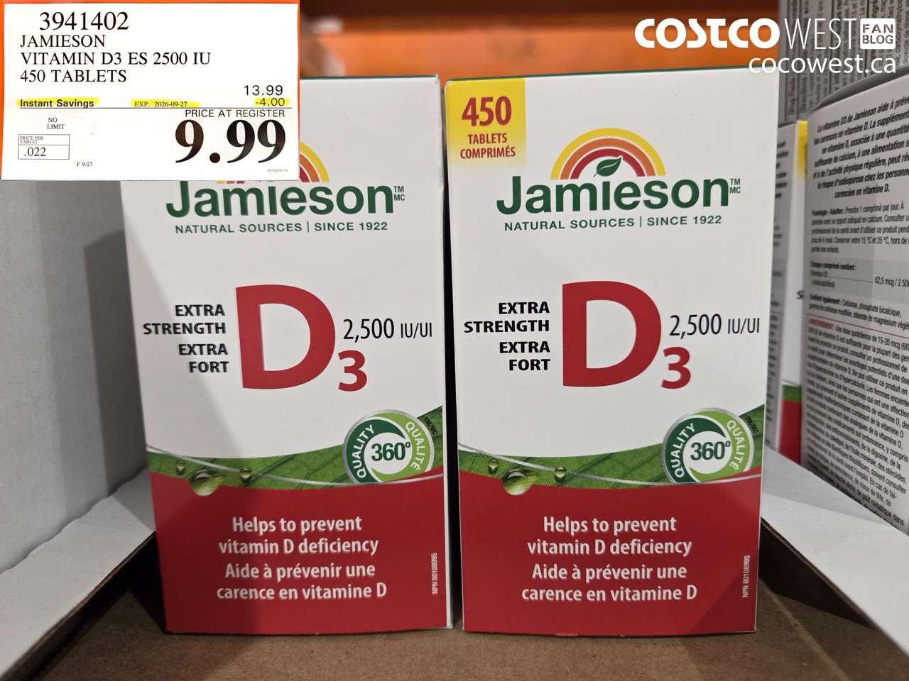 3941402 JAMIESON VITAMIN D3 ES 2500 IU 450 TABLETS ($4.00 INSTANT SAVINGS EXPIRES ON 2026-09-27) $9.99