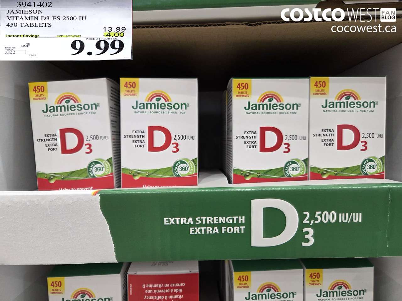 3941402 JAMIESON VITAMIN D3 ES 2500 IU 450 TABLETS ($4.00 INSTANT SAVINGS EXPIRES ON 2026-09-27) $9.99