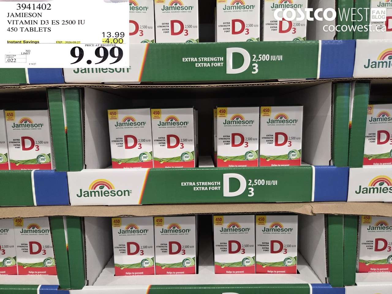 3941402 JAMIESON VITAMIN D3 ES 2500 IU 450 TABLETS ($4.00 INSTANT SAVINGS EXPIRES ON 2026-09-27) $9.99