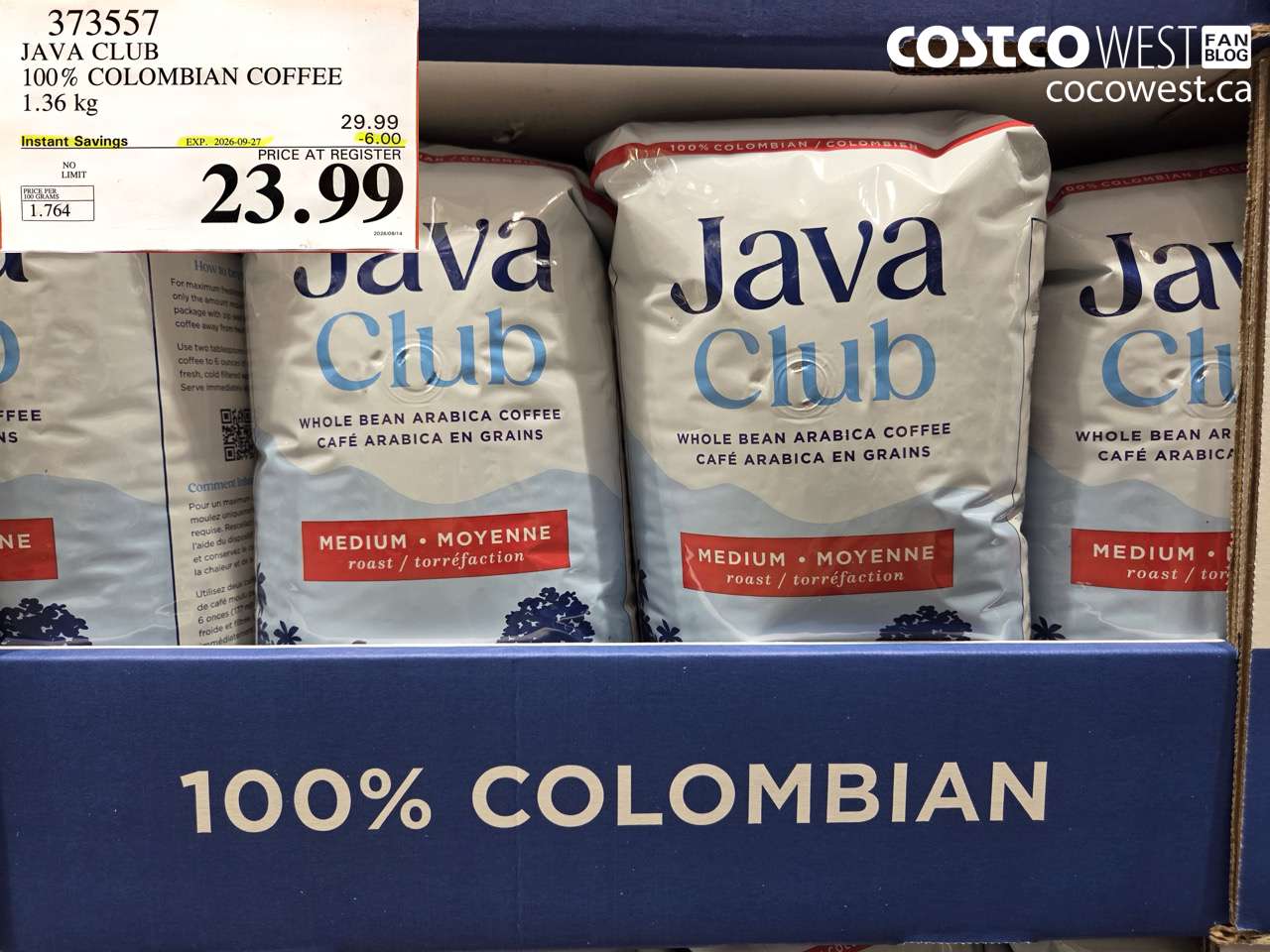 373557 JAVA CLUB 100% COLOMBIAN COFFEE 1.36 KG ($6.00 INSTANT SAVINGS EXPIRES ON 2026-09-27) $23.99