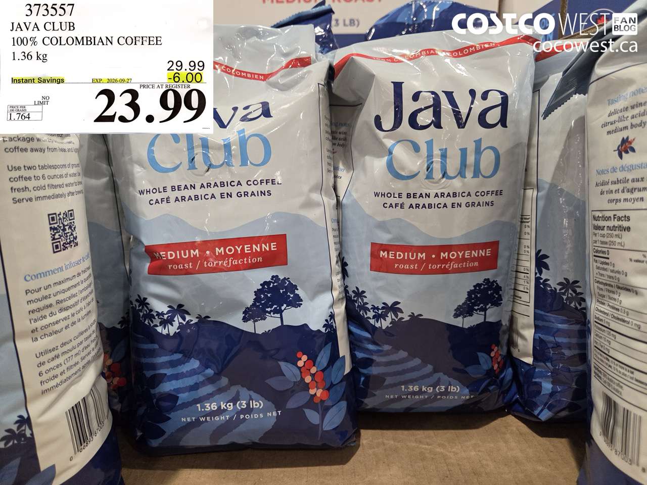 373557 JAVA CLUB 100% COLOMBIAN COFFEE 1.36 KG ($6.00 INSTANT SAVINGS EXPIRES ON 2026-09-27) $23.99