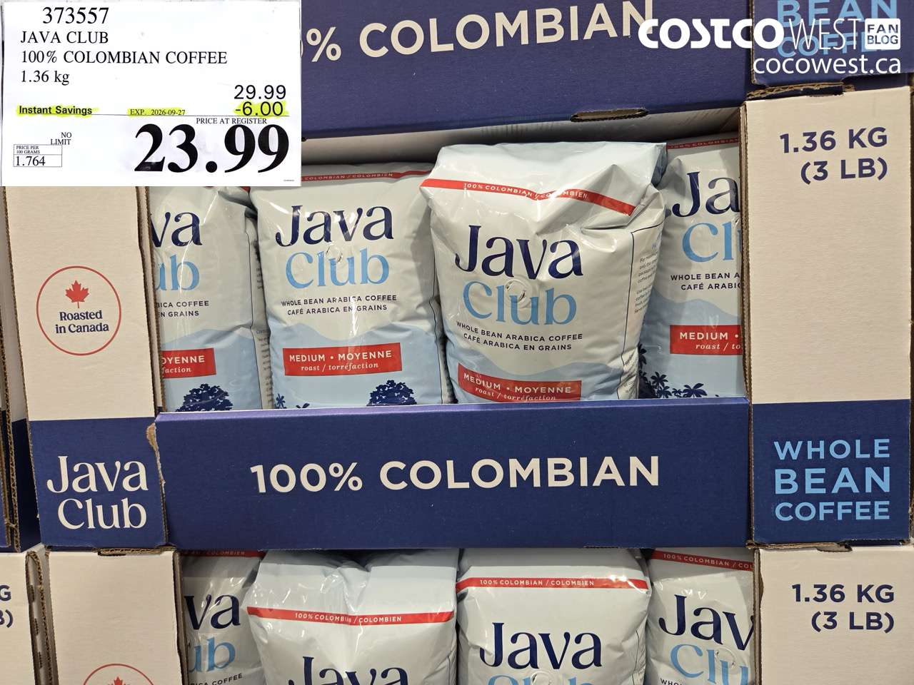 373557 JAVA CLUB 100% COLOMBIAN COFFEE 1.36 KG ($6.00 INSTANT SAVINGS EXPIRES ON 2026-09-27) $23.99