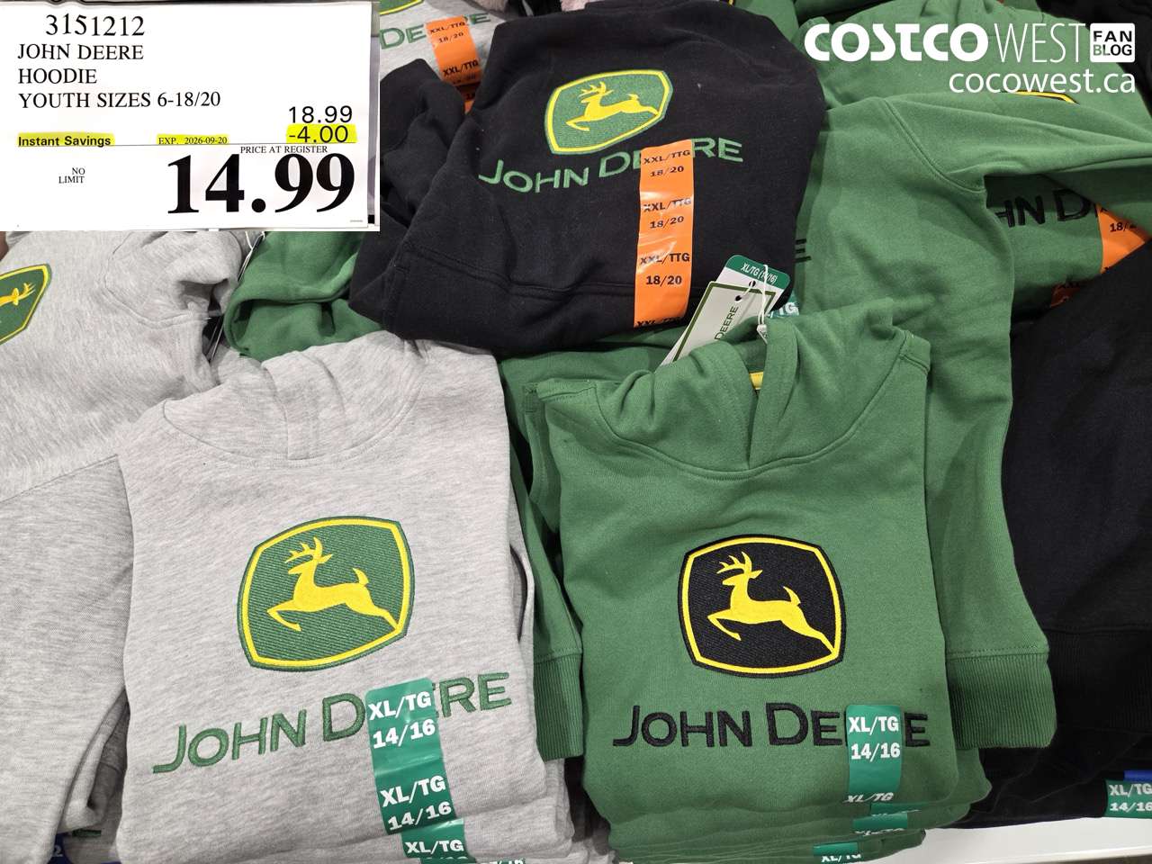 3151212 JOHN DEERE HOODIE YOUTH SIZES 6-18/20 ($4.00 INSTANT SAVINGS EXPIRES ON 2026-09-20) $14.99