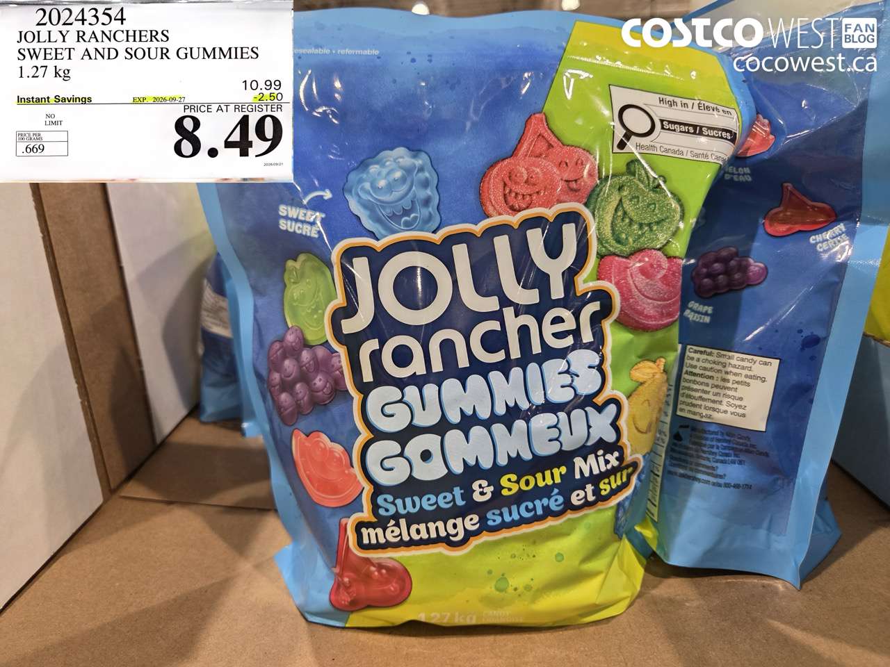 2024354 JOLLY RANCHERS SWEET AND SOUR GUMMIES 1.27 KG ($2.50 INSTANT SAVINGS EXPIRES ON 2026-09-27) $8.49