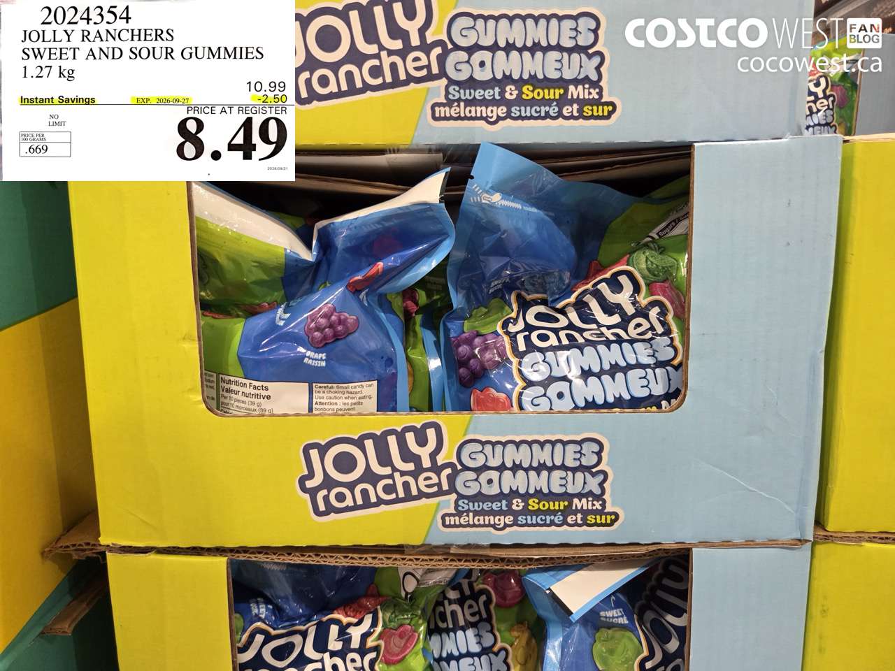 2024354 JOLLY RANCHERS SWEET AND SOUR GUMMIES 1.27 KG ($2.50 INSTANT SAVINGS EXPIRES ON 2026-09-27) $8.49