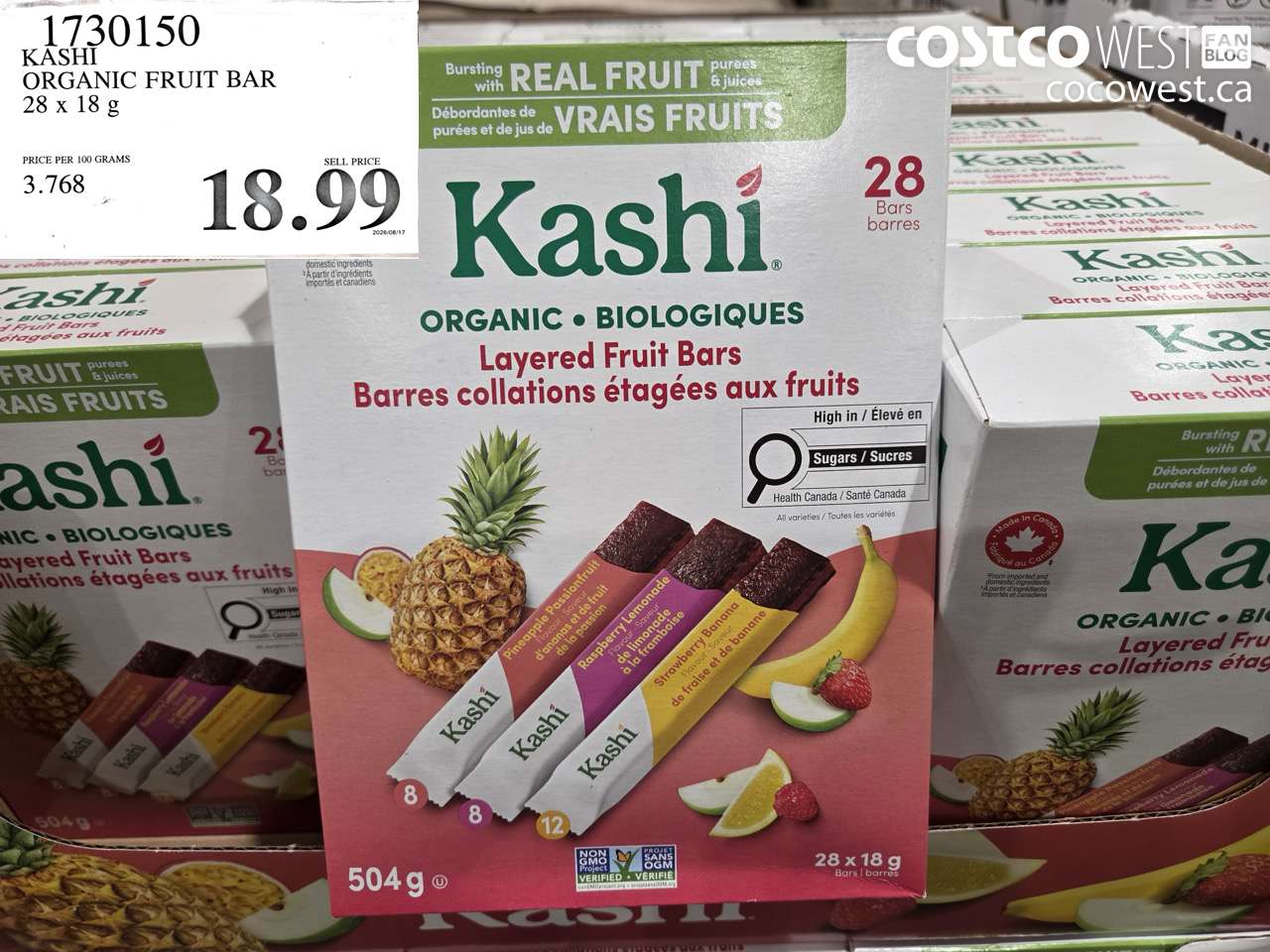 1730150 KASHI ORGANIC FRUIT BAR 28 X 18 G $18.99