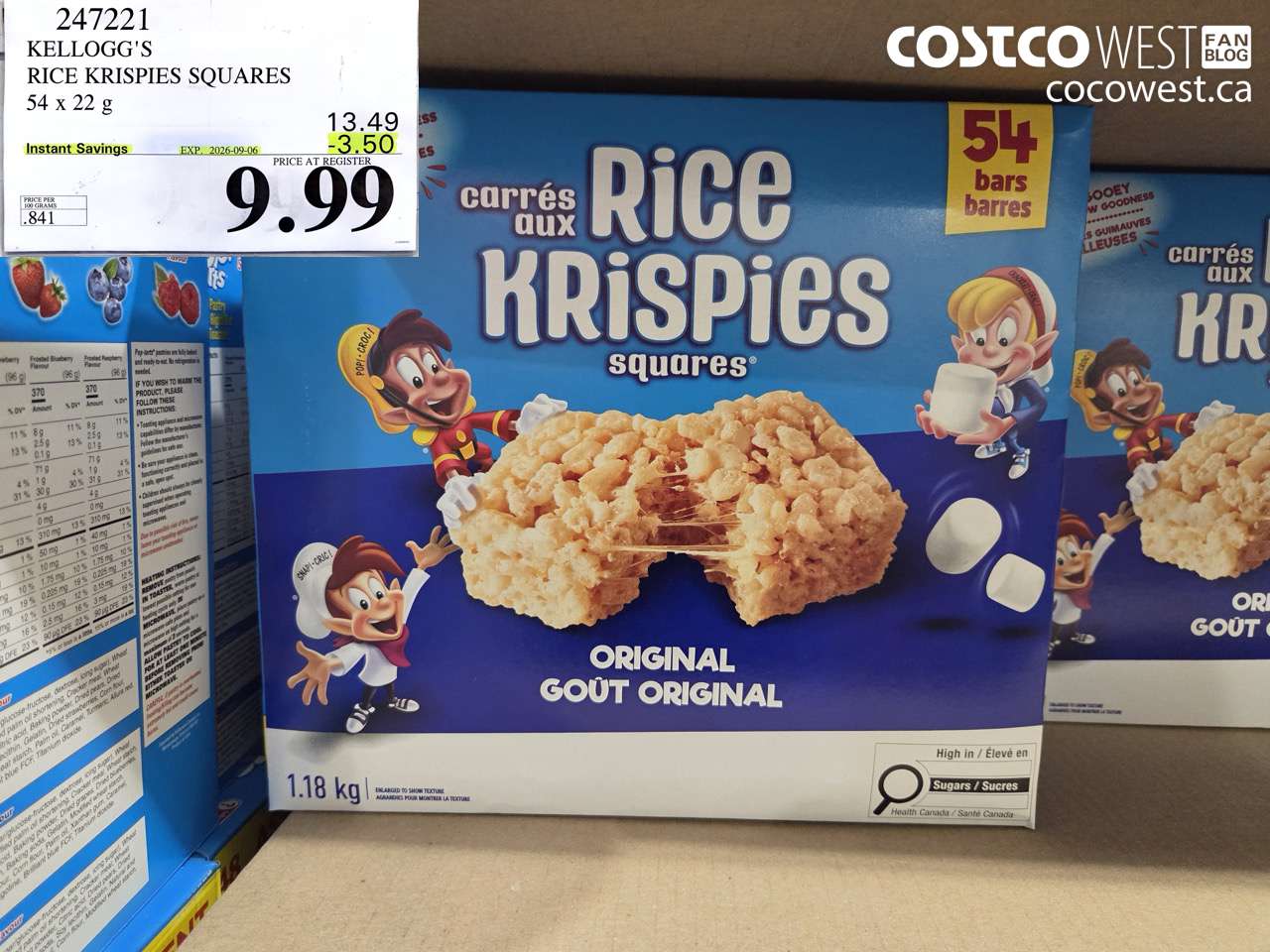 247221 KELLOGG'S RICE KRISPIES SQUARES 54 X 22 G ($3.50 INSTANT SAVINGS EXPIRES ON 2026-09-06) $9.99