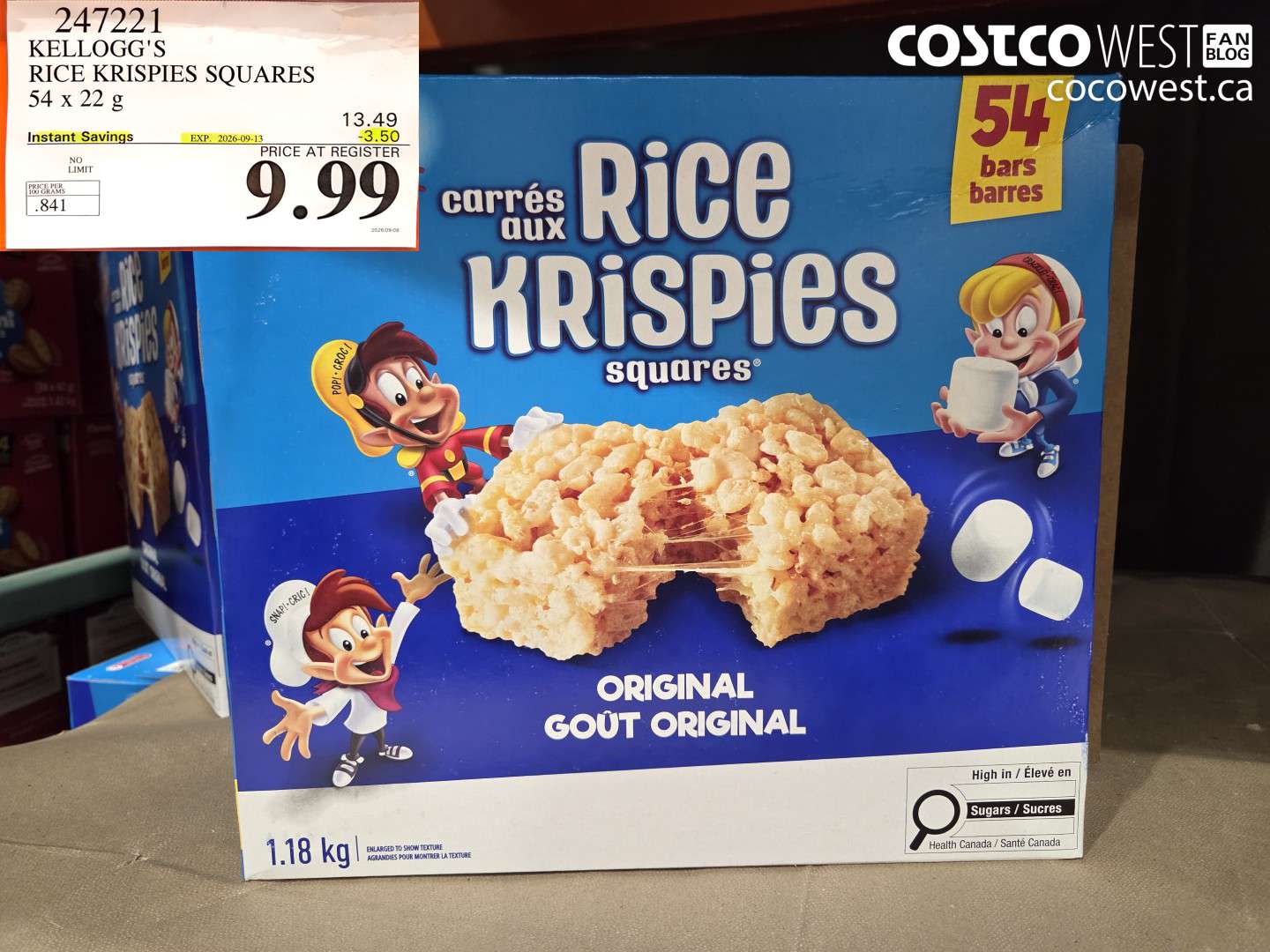 247221 KELLOGG'S RICE KRISPIES SQUARES 54 X 22 G ($3.50 INSTANT SAVINGS EXPIRES ON 2026-09-13) $9.99
