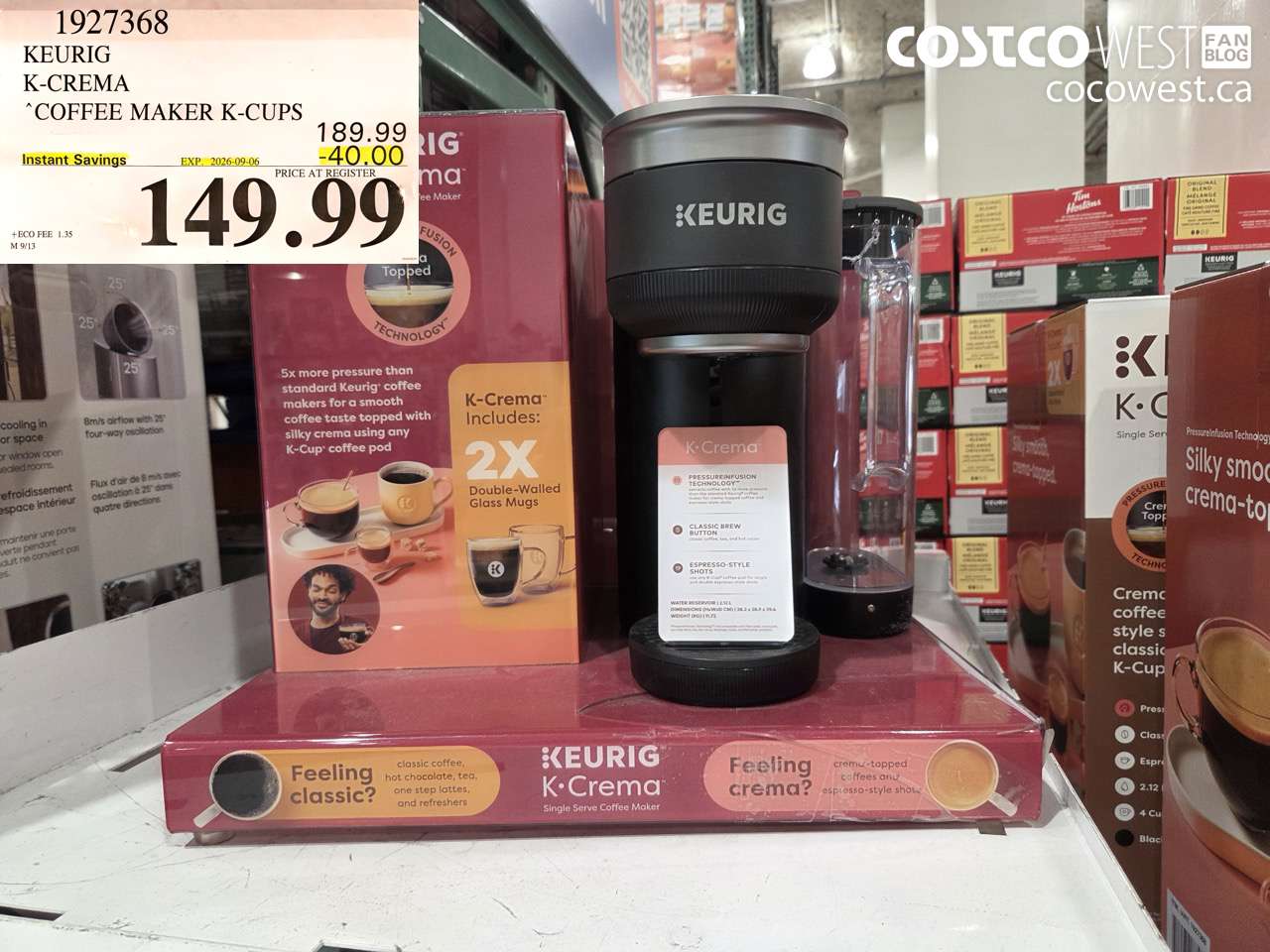 1927368 KEURIG K-CREMA COFFEE MAKER K-CUPS ($40.00 INSTANT SAVINGS EXPIRES ON 2026-09-06) $149.99