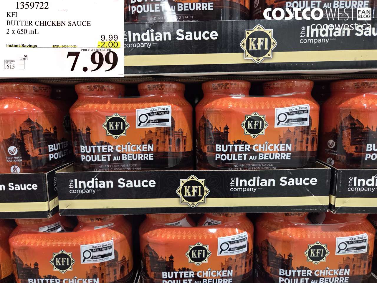 1359722 KFI BUTTER CHICKEN SAUCE 2 X 650 ML ($2.00 INSTANT SAVINGS EXPIRES ON 2026-10-25) $7.99