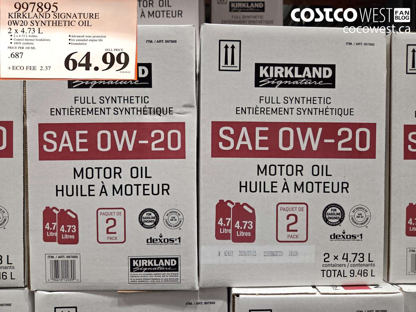 997895 KIRKLAND SIGNATURE 0W20 SYNTHETIC OIL 2 X 4.73 L $64.99