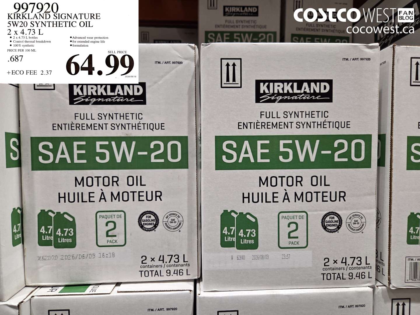 997920 KIRKLAND SIGNATURE 5W20 SYNTHETIC OIL 2 X 4.73 L $64.99