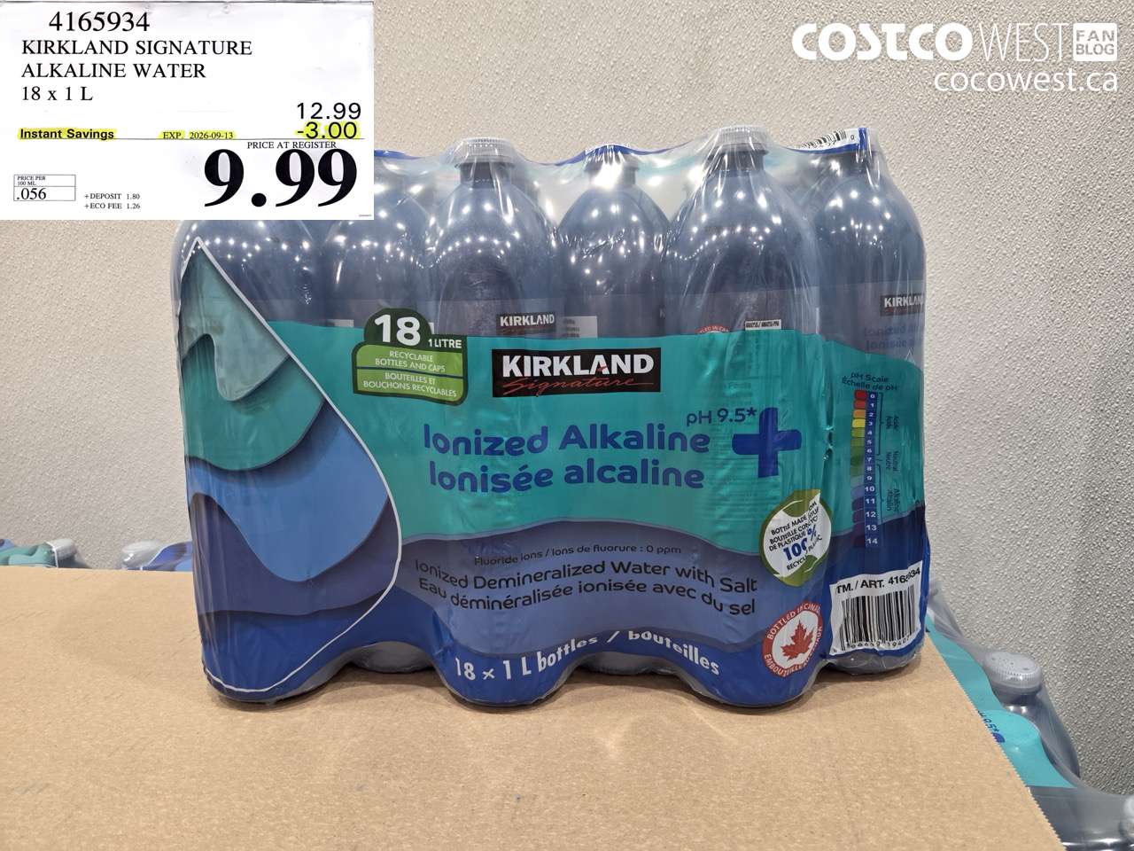4165934 KIRKLAND SIGNATURE ALKALINE WATER 18 X 1 L ($3.00 INSTANT SAVINGS EXPIRES ON 2026-09-13) $9.99