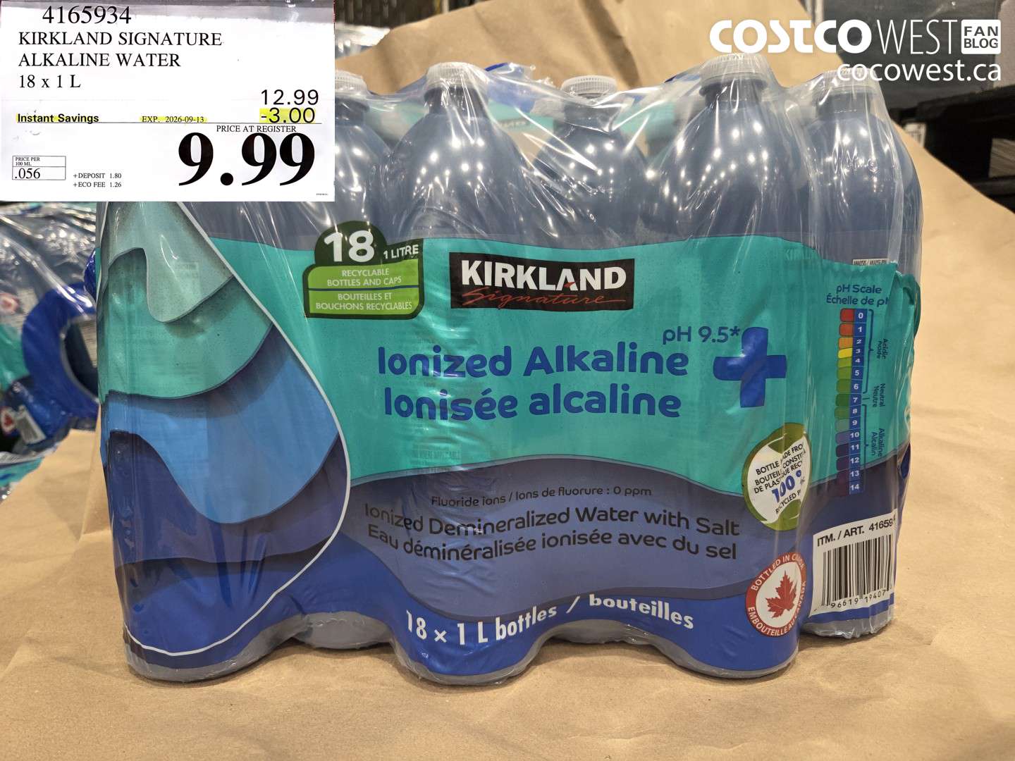 4165934 KIRKLAND SIGNATURE ALKALINE WATER 18 X 1 L ($3.00 INSTANT SAVINGS EXPIRES ON 2026-09-13) $9.99