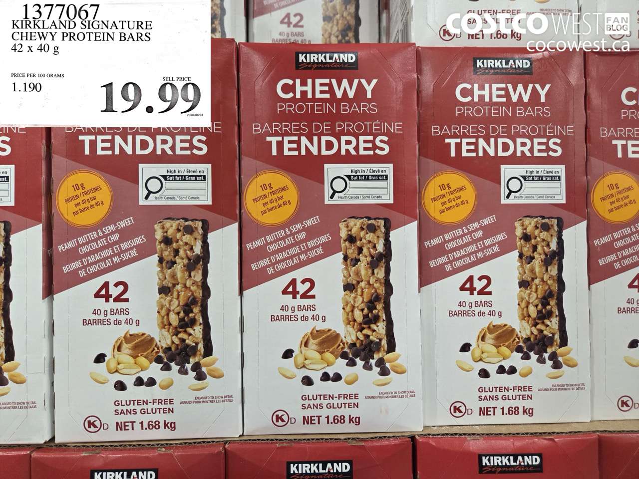 1377067 KIRKLAND SIGNATURE CHEWY PROTEIN BARS 42 X 40 G $19.99