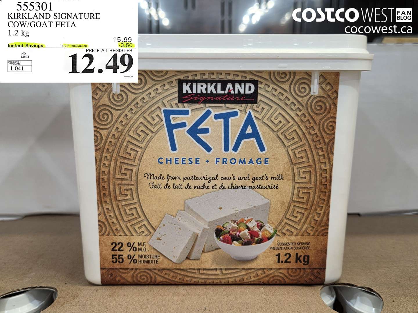 555301 KIRKLAND SIGNATURE COW/GOAT FETA 1.2 KG ($3.50 INSTANT SAVINGS EXPIRES ON 2026-09-20) $12.49