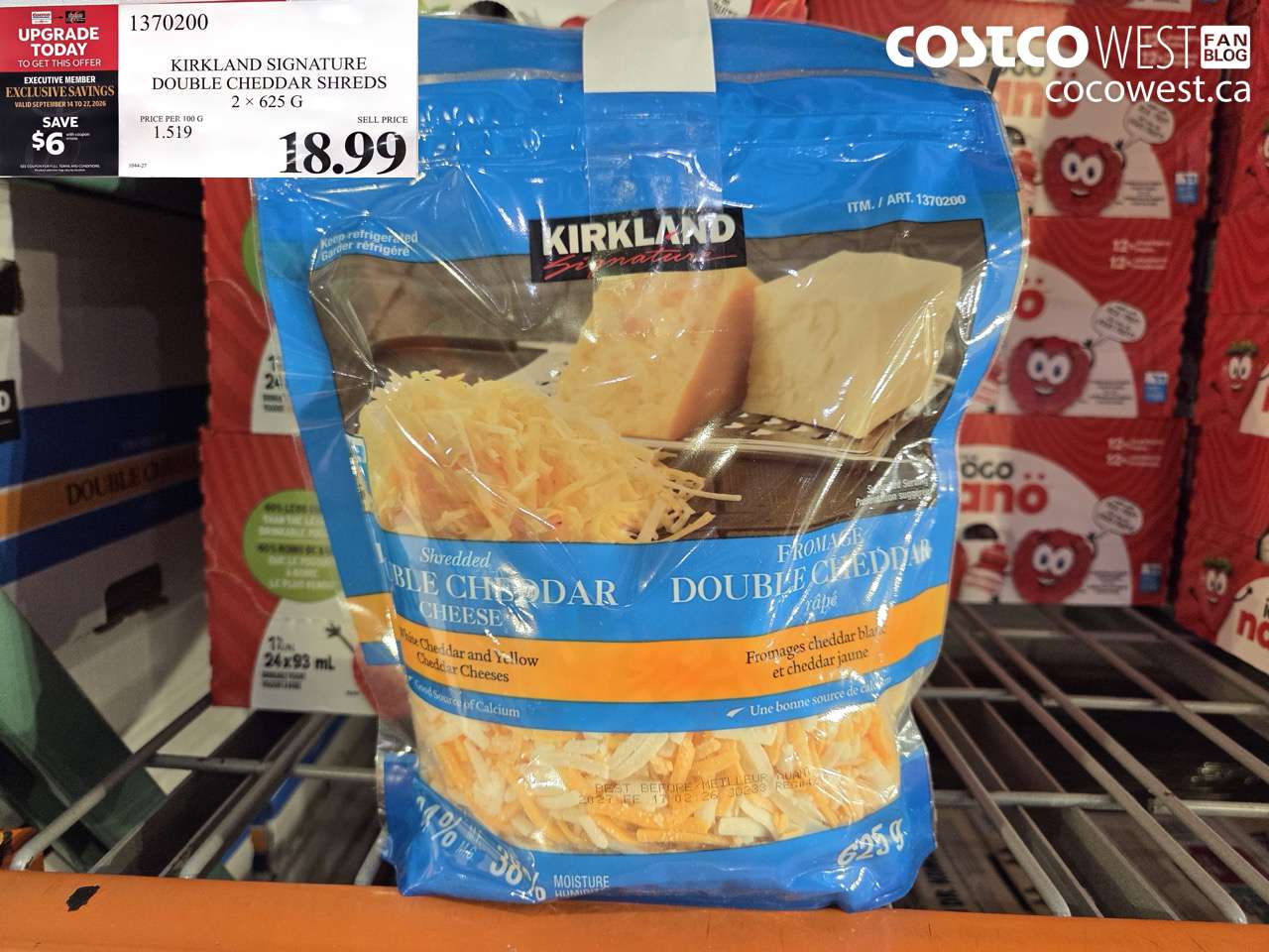 1370200 KIRKLAND SIGNATURE DOUBLE CHEDDAR SHREDS 2 X 625 G ($6.00 INSTANT SAVINGS EXPIRES ON 2026-09-27) $12.99