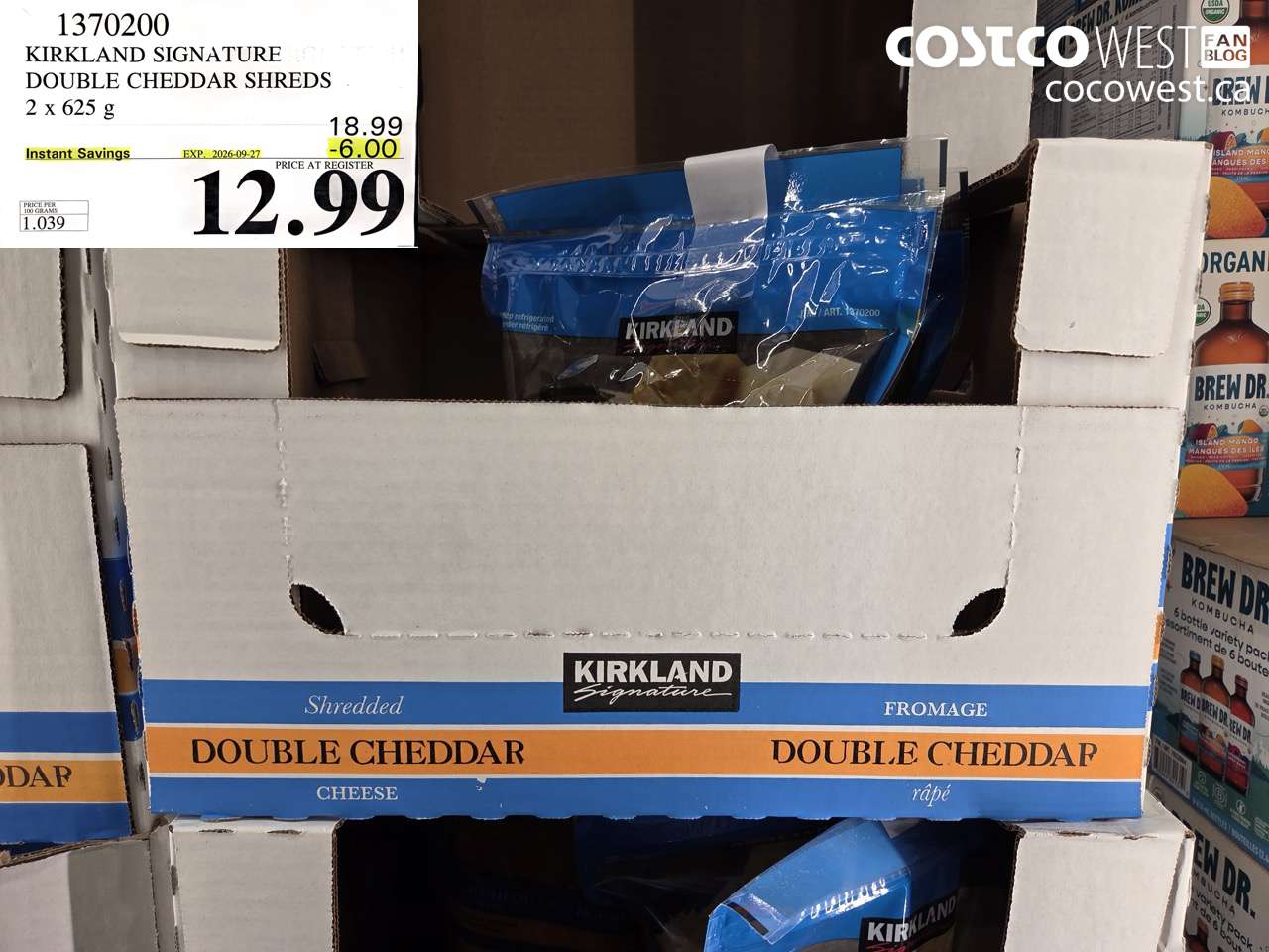 1370200 KIRKLAND SIGNATURE DOUBLE CHEDDAR SHREDS 2 X 625 G ($6.00 INSTANT SAVINGS EXPIRES ON 2026-09-27) $12.99