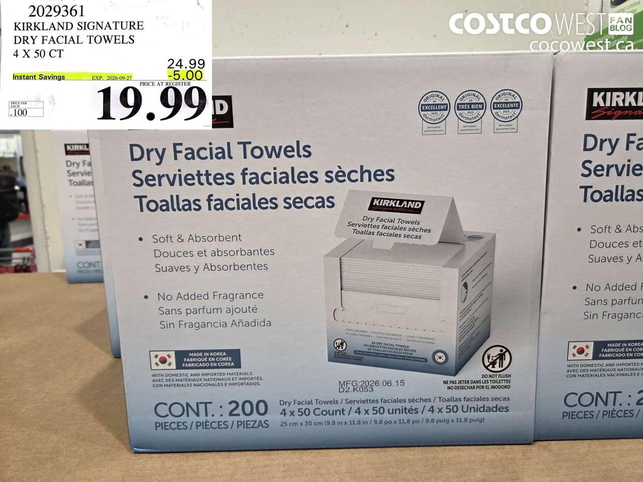 2029361 KIRKLAND SIGNATURE DRY FACIAL TOWELS 4 X 50 CT ($5.00 INSTANT SAVINGS EXPIRES ON 2026-09-27) $19.99