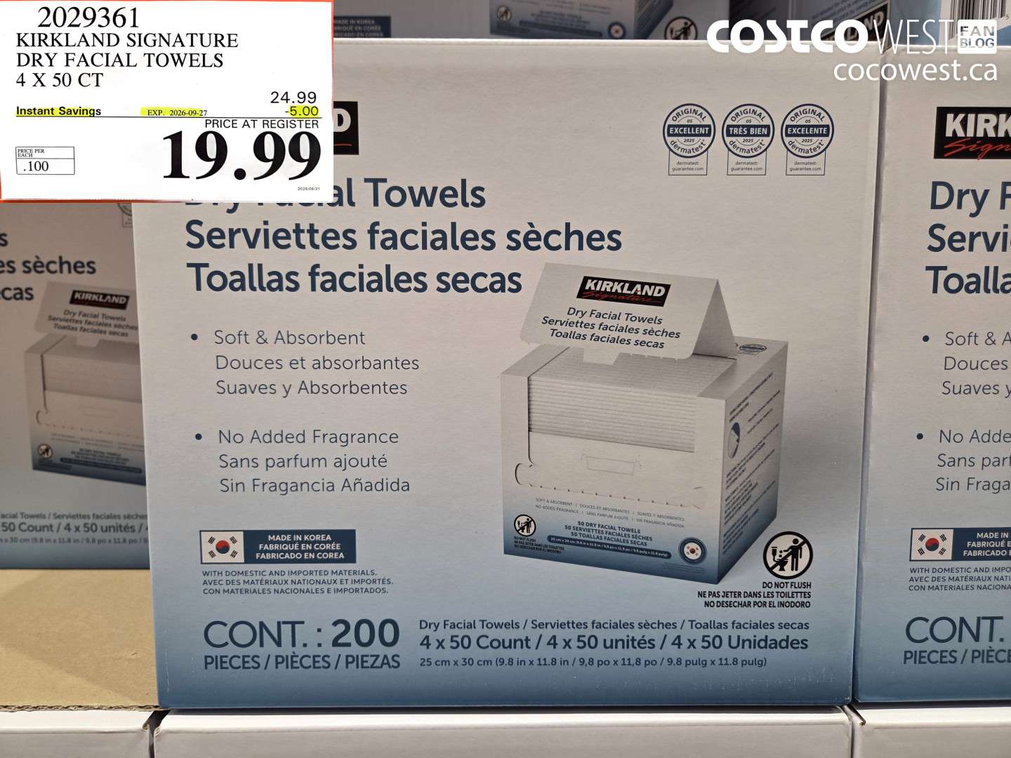 2029361 KIRKLAND SIGNATURE DRY FACIAL TOWELS 4 X 50 CT ($5.00 INSTANT SAVINGS EXPIRES ON 2026-09-27) $19.99